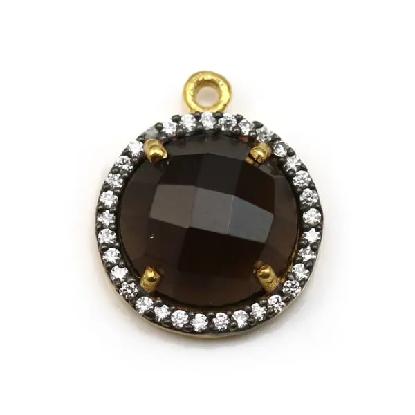 Quartz fumé rond facette sertie en argent 925 doré à l'or fin avec zirconium 15mm x 1pc