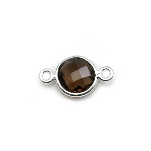 Quartz fumé rond facette sertie sur argent 2 anneaux 9mm x 1pc