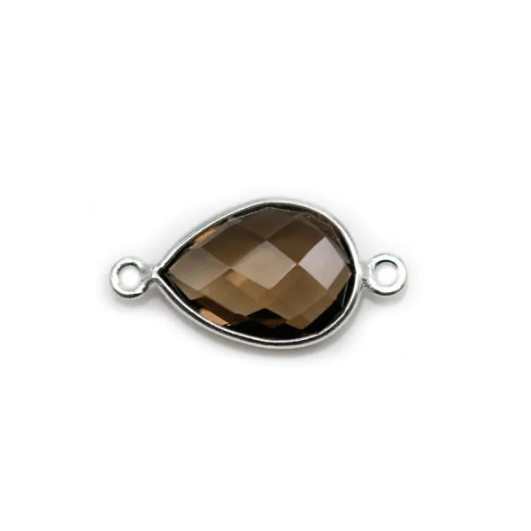 Quartz fumé goutte facette sertie sur argent 2 anneaux 11x15mm x 1pc