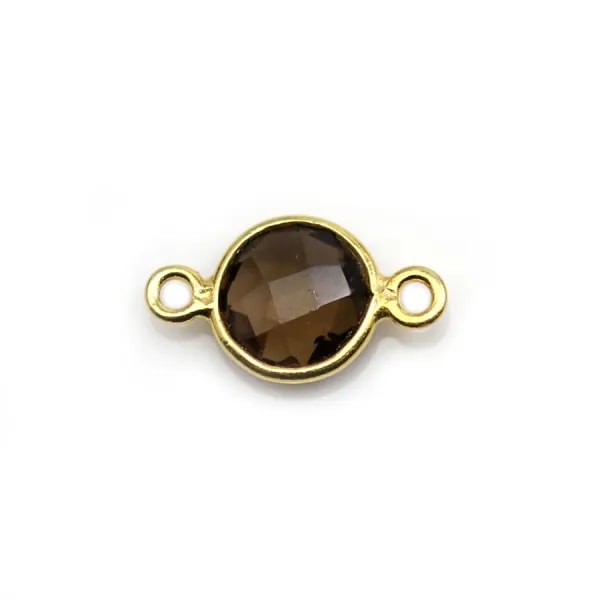 Quartz fumé rond facette sertie sur argent doré 2 anneaux 9mm x 1pc