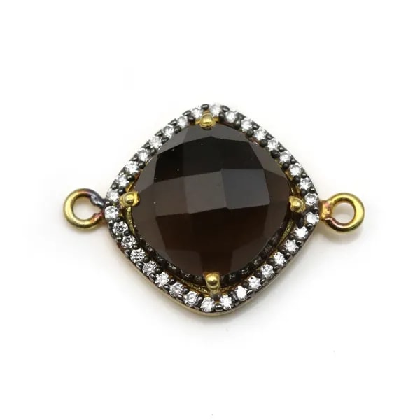 Quartz fumé rhombe sertie en argent 925 doré à l'or fin avec zirconium 15mm x 1pc