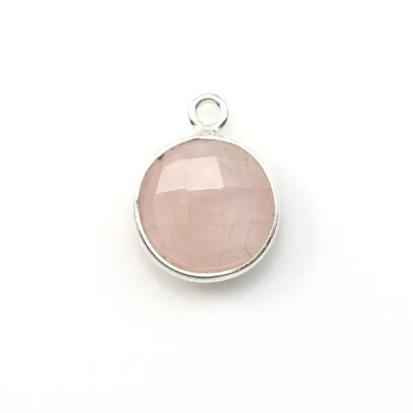 Quartz rose rond facette sertie sur argent 925 11mm x 1pc
