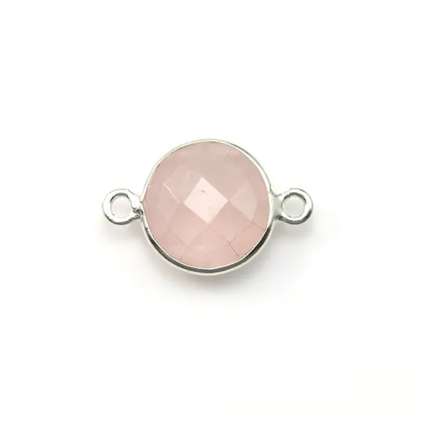 Quartz rose rond facette sertie sur argent 925 2 anneaux 11mm x 1pc