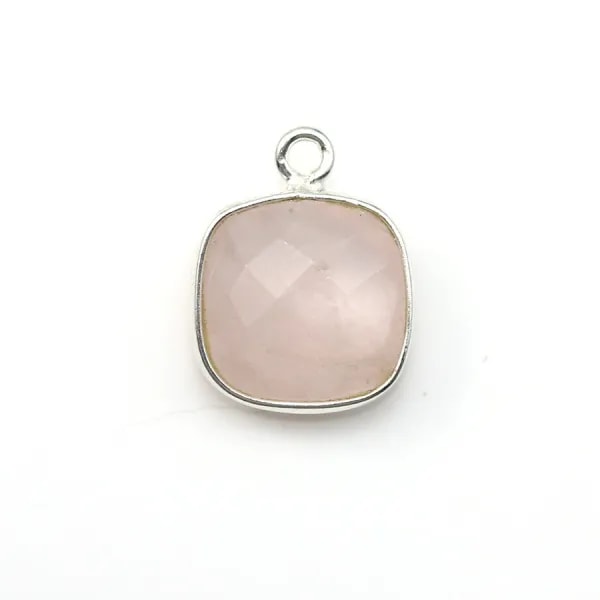 Quartz rose coussin facette sertie sur argent 925 11mm x 1pc