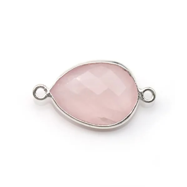 Quartz rose goutte facette sertie sur argent 925 2 anneaux 13x17mm x 1pc