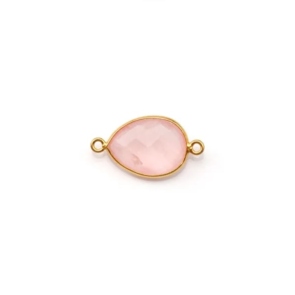 Quartz rose goutte facette sertie sur argent 925 doré à l'or fin 2 anneaux 11x15mm x 1pc