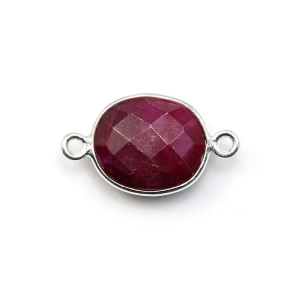 Pierre traitée couleur rubis sertie sur argent 925 ovale facettée et 2 anneaux 10x12mm x 1pc