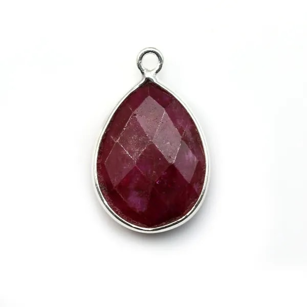 Pierre traitée couleur rubis sertie sur argent 925 goutte facettée 13x17mm x 1pc