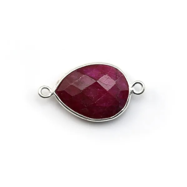 Pierre traitée avec 2 anneaux couleur rubis sertie sur argent 925 goutte facettée 13x17mm x 1pc