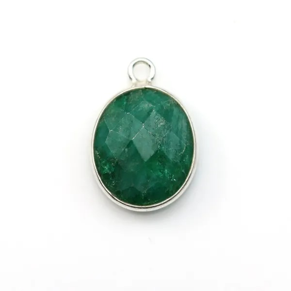 Faceted oval treated emerald colored gemstone set in sterling silver 11x13mm x 1pc