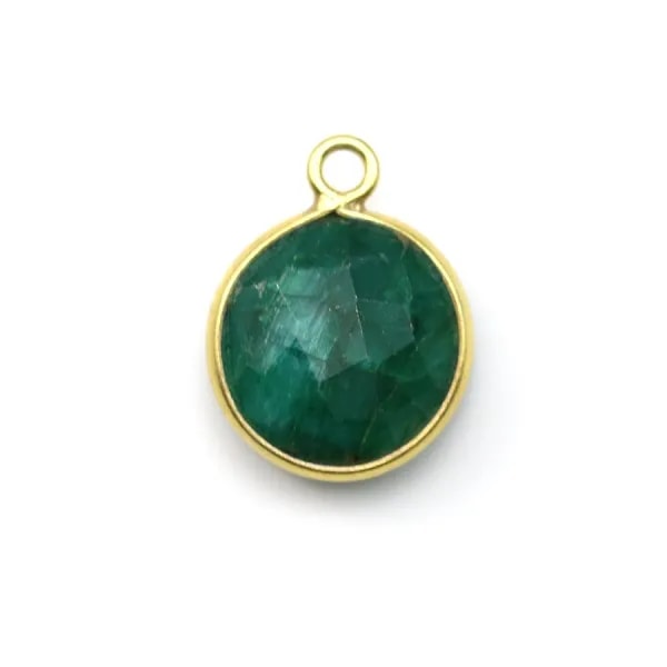 Pierre traitée couleur émeraude sertie sur argent 925 doré à l'or fin ronde 11mm x 1pc