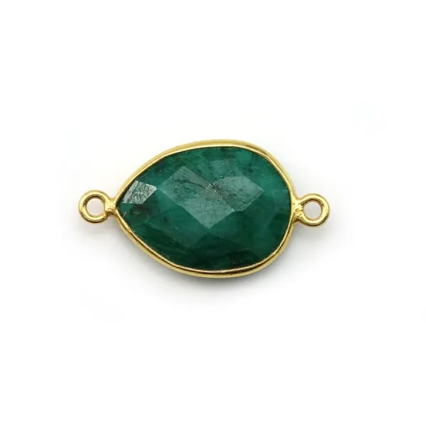 Pierre traitée de couleur émeraude sertie sur argent 925 doré à l'or fin goutte facettée 2 anneaux 13x17mm x 1pc
