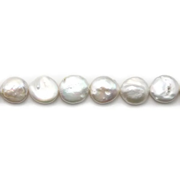 Perles de culture d'eau douce, blanche, ronde plate 13mm x40cm