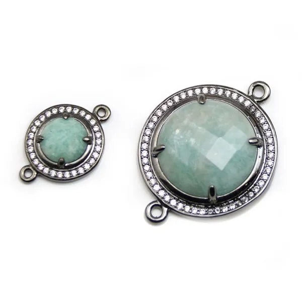Intercalaire en amazonite sertie en métal & zirconium, de forme ronde x 1pc