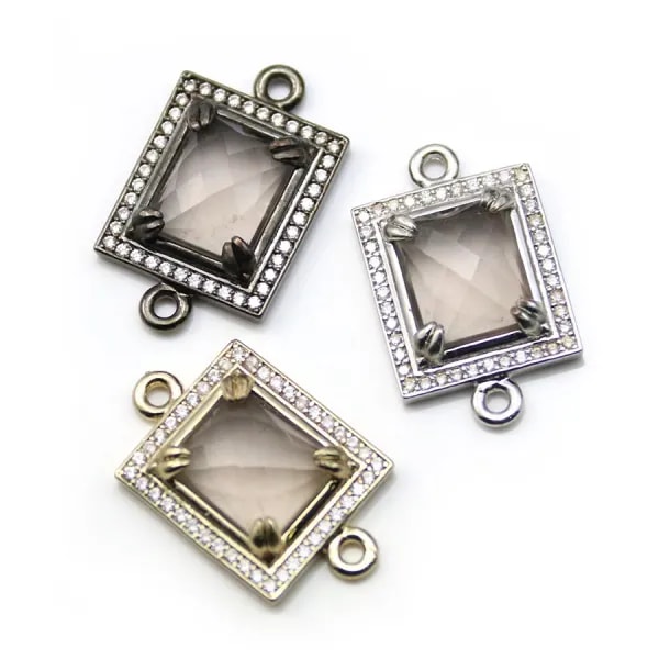 Intercalaire quartz fumé, sertie métal & zirconium, forme rectangulaire, 16x18mm x 1pc
