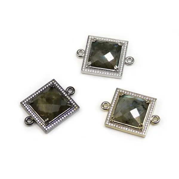 Labradorite spacer set in metal & zirconium, in shaped of squared, 25mm x 1pc