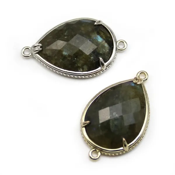 Intercalaire en labradorite sertie en métal, forme de goutte, 20x27mm x 1pc