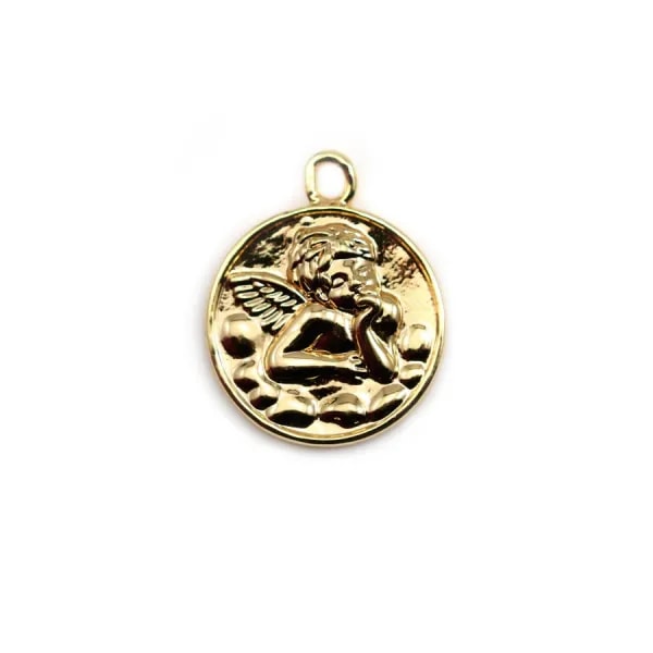 Pendentif médaille avec un ange, doré sur laiton 17mm x 2pcs