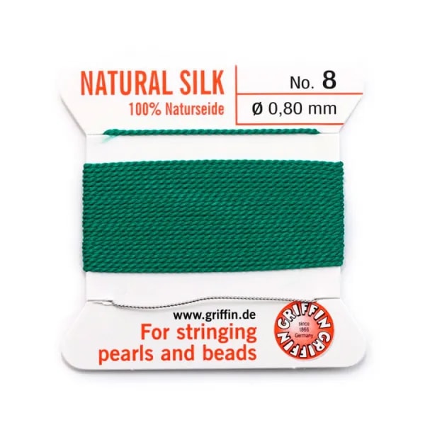 Silk bead cord 0.8mm with needle attached green x 2m