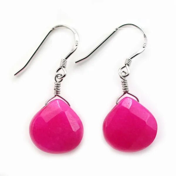 Boucles d'oreilles :  jade teinté fuchsia goutte plate & argent 925 rhodié 13.5x18.5mm x 2pcs