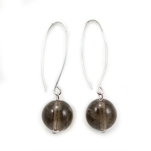 Boucles d'oreilles en argent 925 & quartz fumé de forme ronde, 12mm x 2pcs