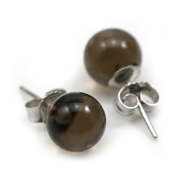 Boucle d'oreille quartz fumé 8mm, en argent 925 x 2pcs