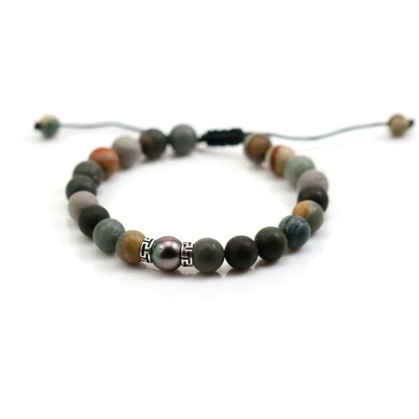 Bracelet en Jaspe polychrome matte & perle de culture de tahiti x 1pc