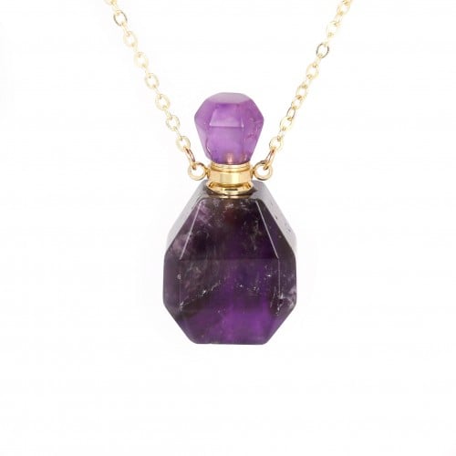 Collier en plaquée par "flash" or sur laiton avec pendentif flacon de parfum en Améthyste