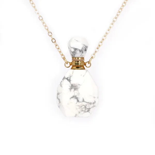 Collier en plaquée par "flash" or sur laiton avec pendentif  flacon de parfum en Howlite