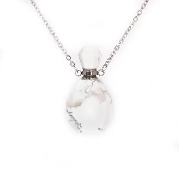 Collier en acier inox argenté avec un flacon de parfum pendentif en Howlite
