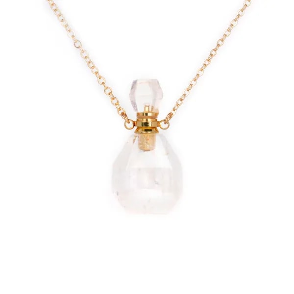 Necklace in "flash" gold gilt on brass with rock crystal perfume bottle pendant