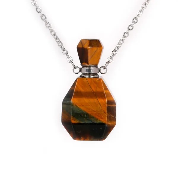 Collier en acier inox argenté avec un flacon de parfum pendentif en L'œil de tigre