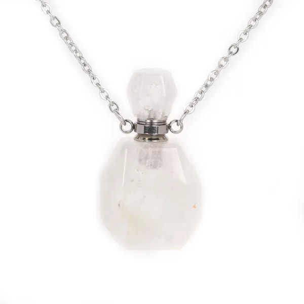 Collier en acier inox argenté avec un flacon de parfum pendentif en Cristal de roche