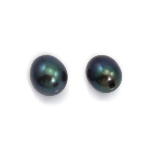 Perle de culture d'eau douce, semi-percée, bleu foncé, ovale, 7-7.5mm x 4pcs