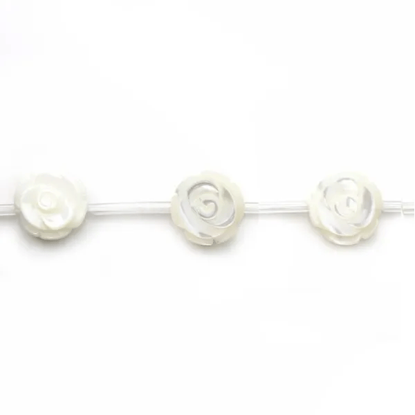 Nacre blanche en forme de rose sur fil 10mm x 40cm