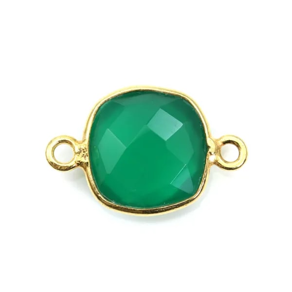 Agate verte coussin facetté 2 anneaux sertie sur argent doré 9mm x 1pc