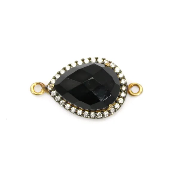 Agate noir goutte facette serti sur argent 925 doré avec zirconium 13x17mm x 1pc