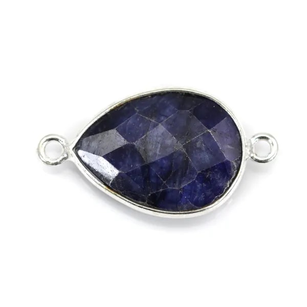 Pierre traitée couleur saphir serti sur argent 925 goutte facetté 2 anneaux 13x17mm x 1pc