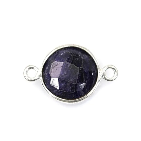 Pierre traitée couleur saphir sertie sur argent 925 rond facetté 2 anneaux 11mm x 1pc