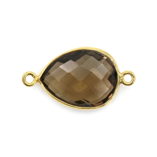 Quartz fumé goutte facette sertie sur argent 925 doré à l'or fin 2 anneaux 13x17mm x 1pc