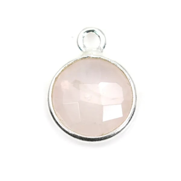Quartz rose rond facette sertie sur argent 9mm x 1pc