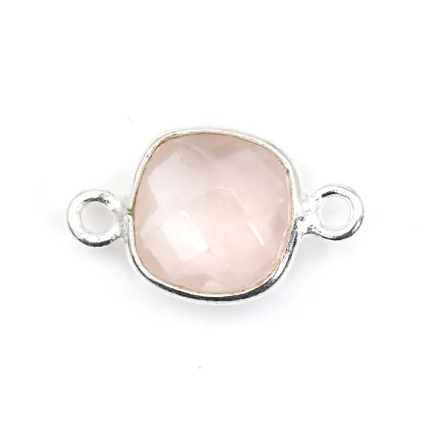 Quartz rose coussin facette sertie sur argent 2 anneaux 9mm x 1pc