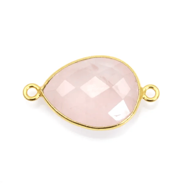 Quartz rose goutte facette sertie sur argent doré 2 anneaux 13x17mm x 1pc