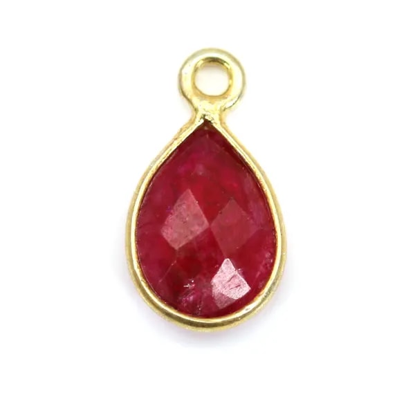 Charm de piedra gota color rubí facetado engastado en plata 925 dorada 7x13mm x 1pc