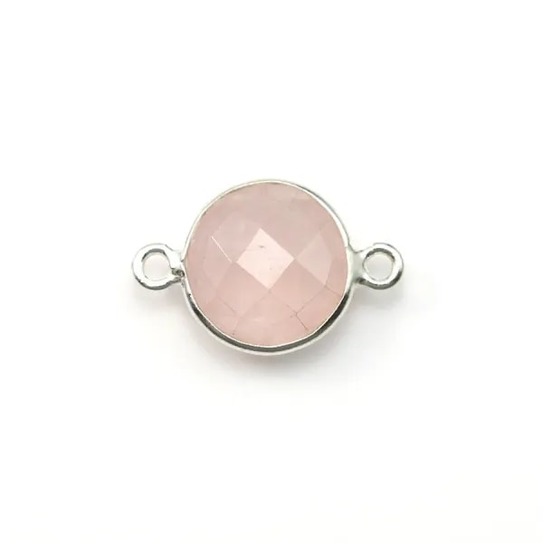 Quartz rose rond facette sertie sur argent 2 anneaux 9mm x 1pc