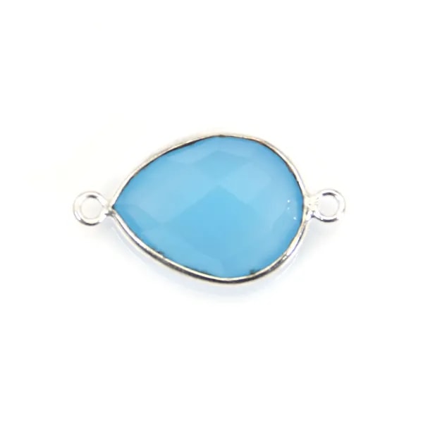 Calcédoine bleu goutte facettée sertie sur argent 2 anneaux 13x17mm x 1pc