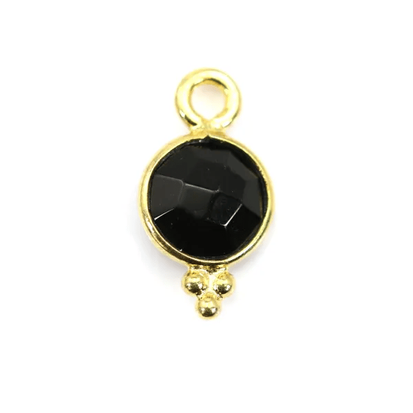 Breloque en Onyx noir ronde facettée serti argent 925 doré à l'or fin 7x13mm x 1pc