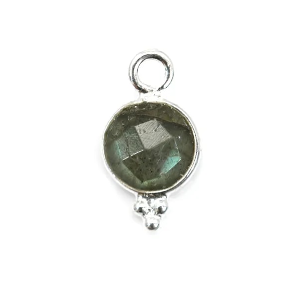Round faceted Labradorite charm set in 925 silver 7x13mm x 1pc