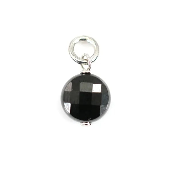 Breloque Spinelle noir rond plat facetté 6mm - Argent Rhodié  x 1pc