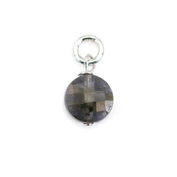 Breloque Cordiérite (Iolite) rond plat facetté 6mm - Argent Rhodié  x 1pc
